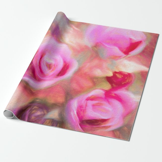 Chic Deep Pink Peach Spring Floral Art Wrapping Paper (Unrolled)