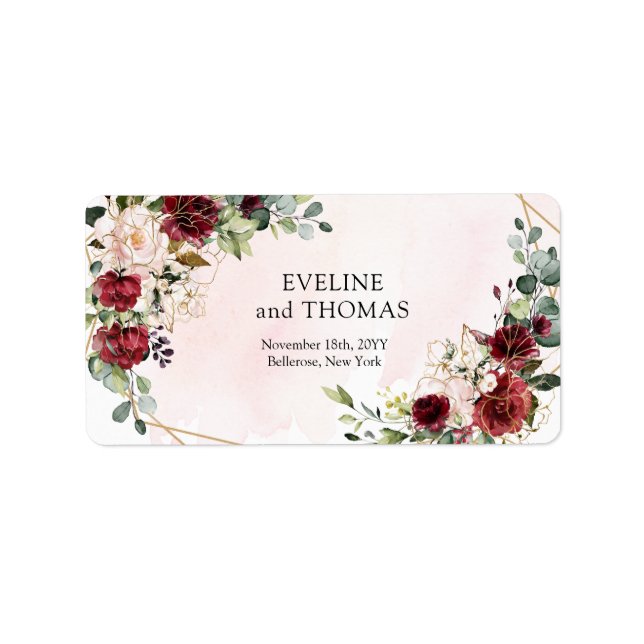 Chic deep red merlot gold geometric wedding label (Front)