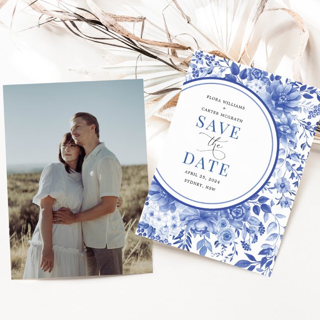 Chic Delft Blue Chinoiserie Wedding Save the Date Invitation (Creator Uploaded)