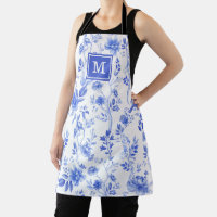 Chic Delft Blue White Chinoiserie Flower Monogram