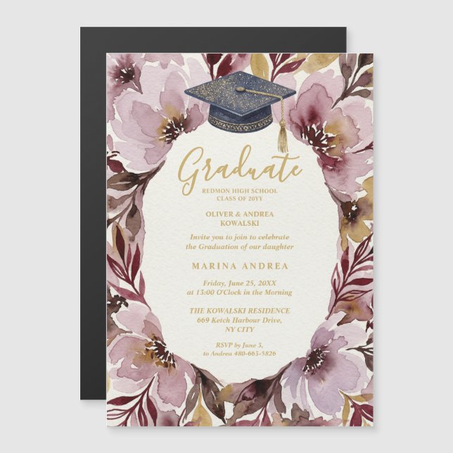 Chic Delicate Pink Floral Wreath Graduation Cap Magnetic Invitation (Front/Back)