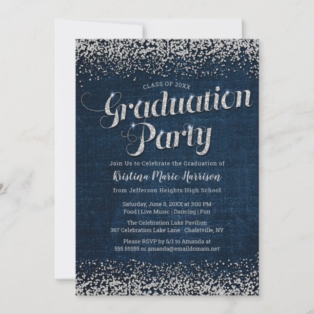 Chic Denim and Diamonds Graduation Party Invitation (Front)