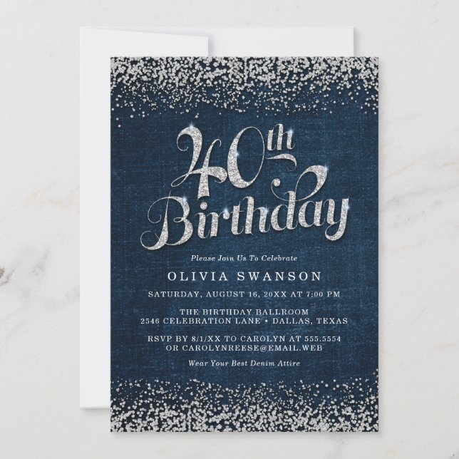 Chic Denim & Diamonds 40th Birthday Invitation (Front)