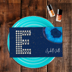 Chic Diamond Blue Agate Initial E Letter Monogram Business Card