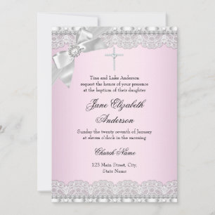 Chic Diamond Lace Pink Baptism Invite