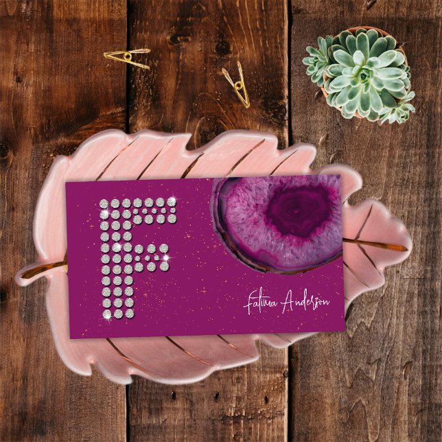 Chic Diamond Plum Agate Initial Letter F Monogram Business Card (Front)