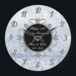 Chic Diamonds Blue Bokeh 50th Wedding Anniversary Large Clock<br><div class="desc">Elegant silver diamonds wedding anniversary clock.</div>