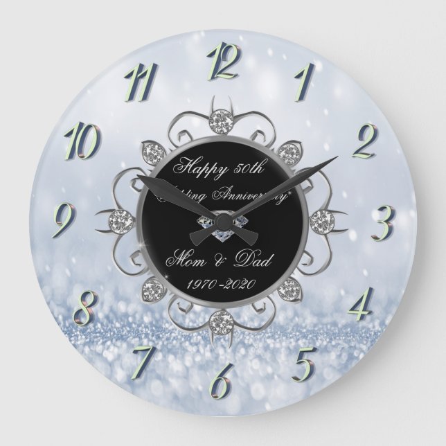 Chic Diamonds Blue Bokeh 50th Wedding Anniversary Large Clock (Front)