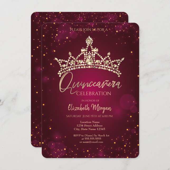 Chic Diamonds Crown Burgundy Quinceañera  Invitation (Front/Back)