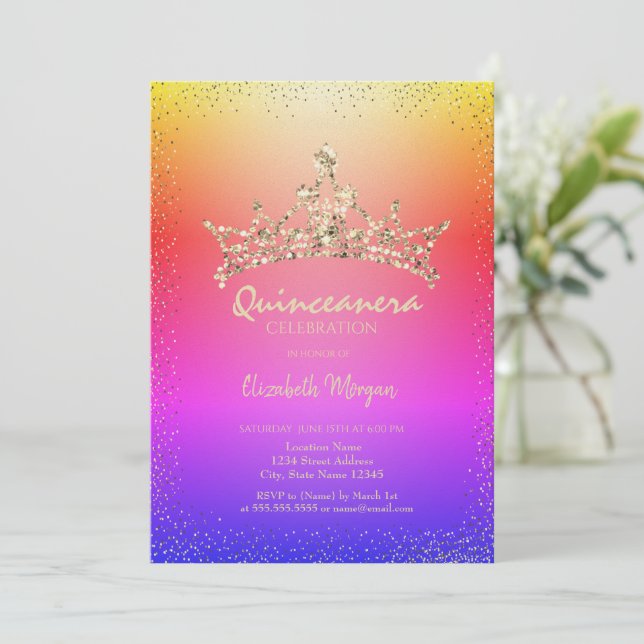 Chic Diamonds Crown Ombre Quinceañera  Invitation (Standing Front)