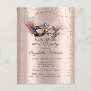 Chic Diamonds Rose Gold Masquerade Sweet 16 Invitation Postcard