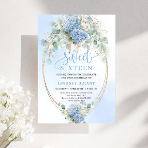 Chic Digital Blue Floral Eucalyptus Gold Sweet 16 Invitation