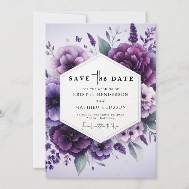 Chic Digital Purple Floral Wedding Save The Date (Front)