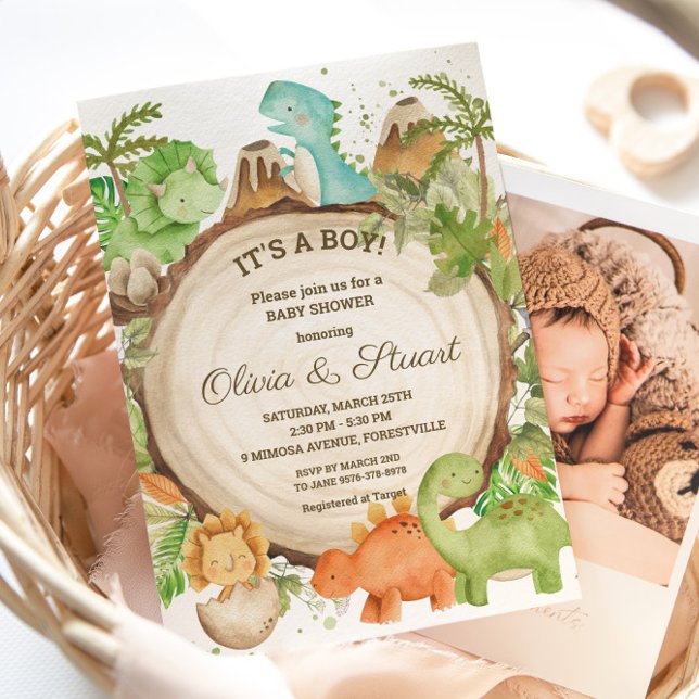 Chic Dinosaur Boy Baby Shower Greenery Chevron Invitation (Creator Uploaded)