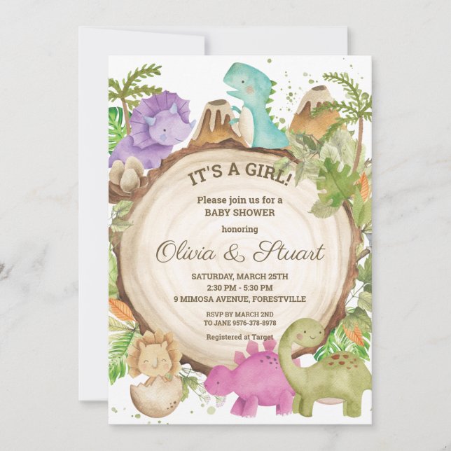 Chic Dinosaurs Girl Baby Shower Greenery Chevron Invitation (Front)