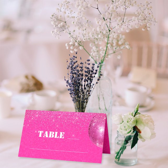 Chic Disco Ball Hot Pink Glitter Wedding Table Place Card (Front)