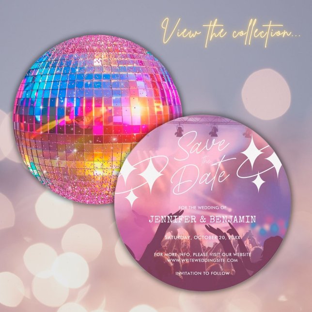 Chic Disco Ball Wedding Pink Glitter Save the Date Invitation (Front/Back)