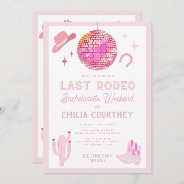 Chic Disco Cowgirl Last Rodeo Bachelorette Weekend Invitation (Front/Back)