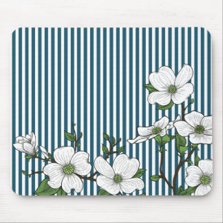 Chic Dogwood Blossoms & Stripes Mouse Pad