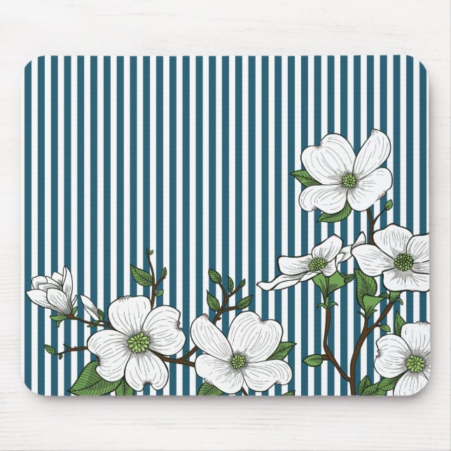 Chic Dogwood Blossoms & Stripes Mouse Pad (Front)