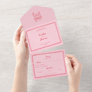 Chic doodle whimsical pink wedding all in one invitation