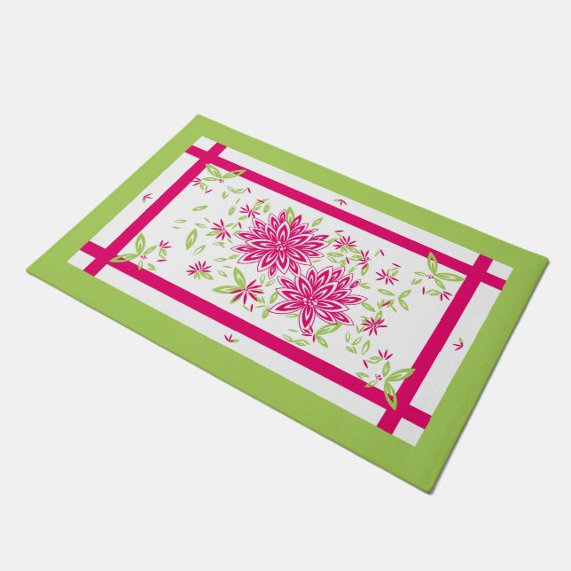 CHIC DOOR MAT_ PRETTY 561 HOT PINK/60 GREEN FLORAL DOORMAT (Angled)