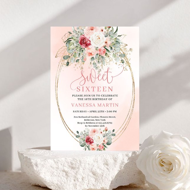 Chic Downloadable Blush Gold Floral Sweet Sixteen Invitation (Downloadable Blush Gold Floral Sweet Sixteen Invite)