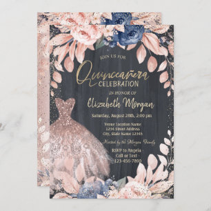 Chic Dress,Blue Flowers, Rose Gold Quinceanera Invitation