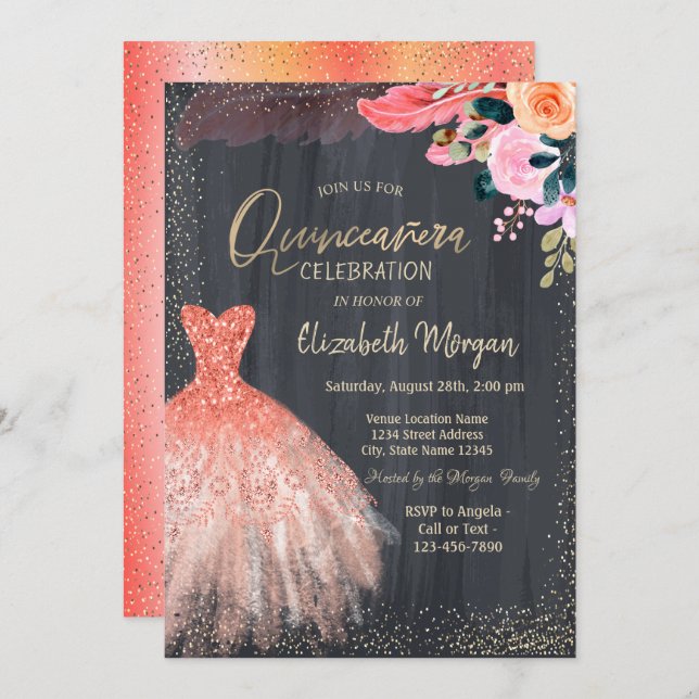 Chic Dress,Flowers Feather Quinceanera Invitation (Front/Back)