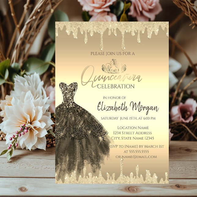 Chic Dress,Glitter Drips Gold Quinceañera   Invitation (Creator Uploaded)