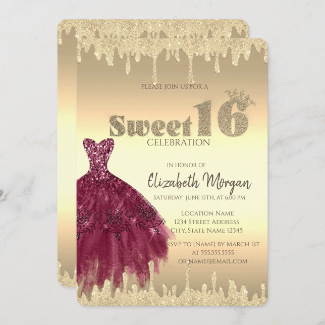 Chic Dress,Glitter Drips Gold Sweet 16 Invitation (Front/Back)