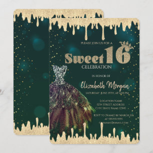Chic Dress,Glitter Drips Green Sweet 16  Invitation