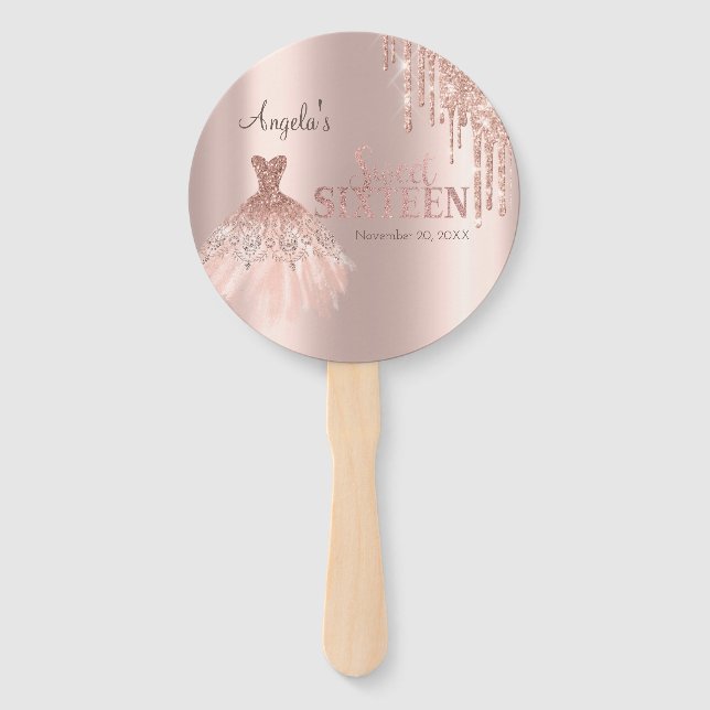 Chic Dress Glitter Drips Rose Gold Sweet 16  Hand Fan (Front)