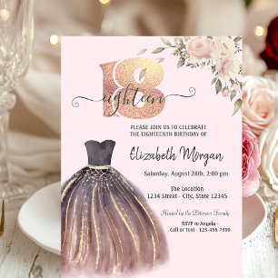  Chic Dress Pink Flowers 18th Birthday  Invitation