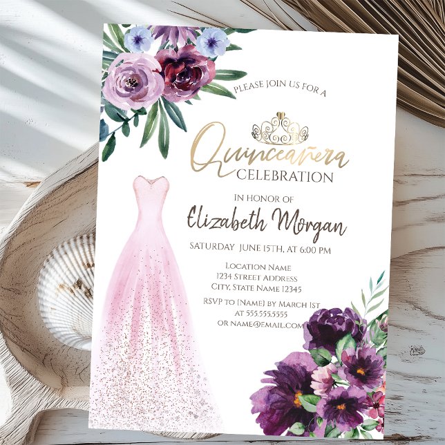 Chic Dress,Purple Flowers Quinceañera  Invitation (Creator Uploaded)
