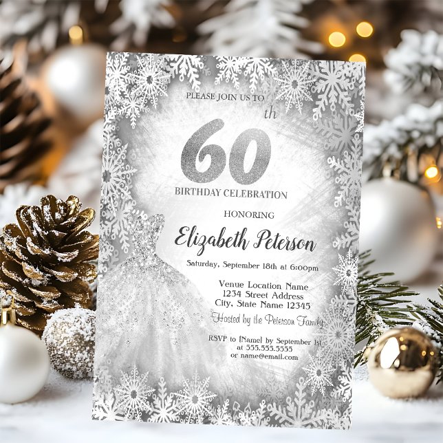Chic Dress Snowflakes Winter 60th Birthday Invitation (Creator Uploaded)