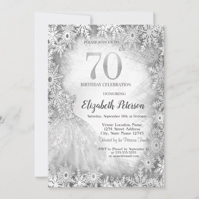 Chic Dress Snowflakes Winter 70th Birthday Invitation (Front)