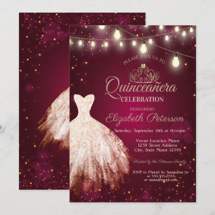 Chic Dress,Tiara Burgundy Quinceañera Invitation