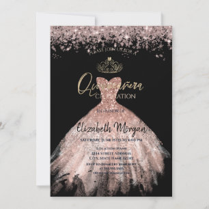 Chic Dress Tiara,Diamonds Black Quinceañera Invitation