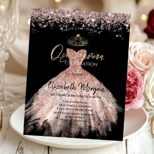 Chic Dress Tiara,Diamonds Black Quinceañera Invitation