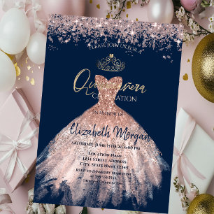 Chic Dress Tiara,Diamonds Blue Quinceañera Invitation
