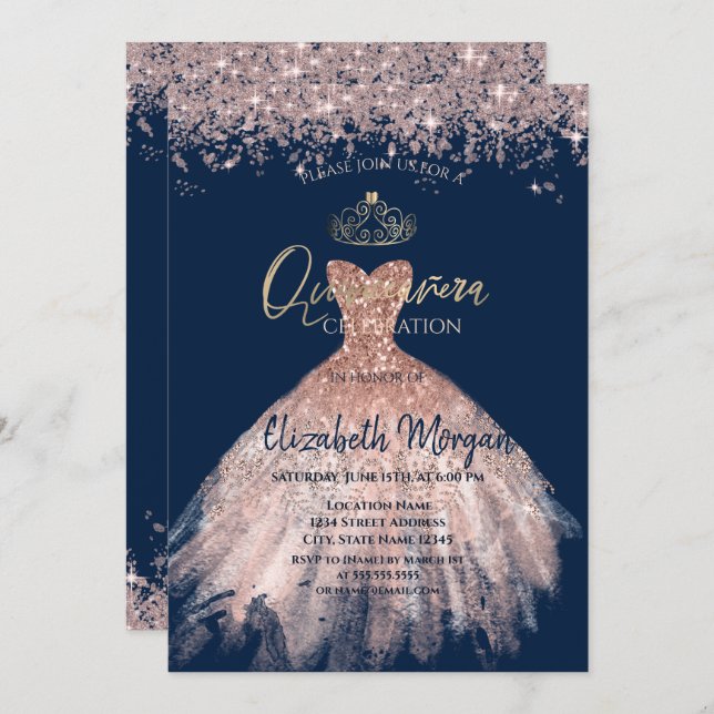 Chic Dress Tiara,Diamonds Blue Quinceañera Invitation (Front/Back)