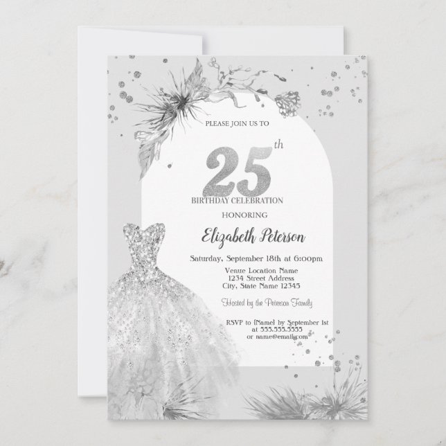 Chic Dress Winter Grey 25th Birthday  Invitation (Front)