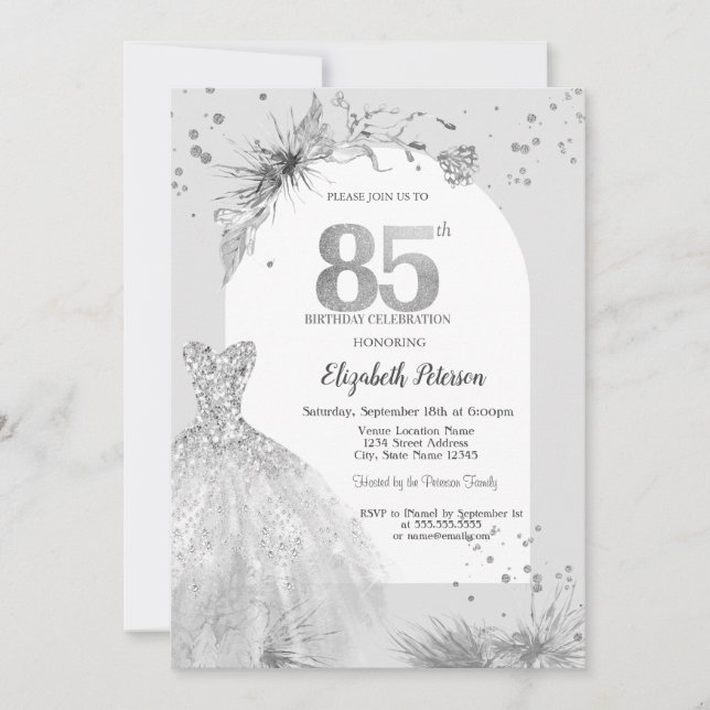 Chic Dress Winter Grey 85th Birthday  Invitation (Front)