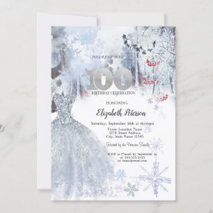 Chic Dress Winter Landscape 100th Birthday Invitation