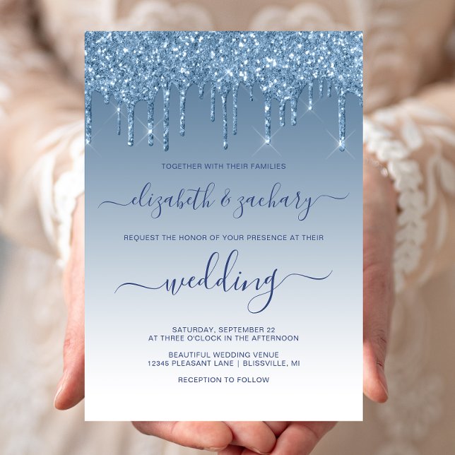 Chic Dripping Glitter Blue Wedding Invitation (Creator Uploaded)