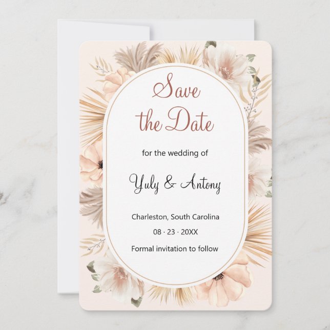 Chic Dry Boho Oval Arch Pampas Elegant Save The Date (Front)