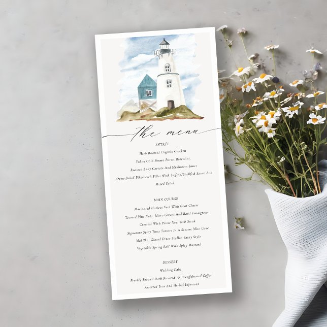 Chic Dusky Aqua Blue Lighthouse Mountain Wedding Menu (Creator Uploaded)