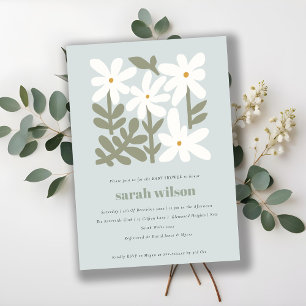 Chic Dusky Blue Retro Minimal Floral Baby Shower Invitation