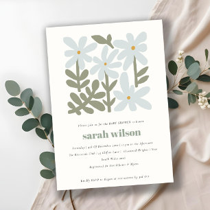 Chic Dusky Blue Retro Minimal Floral Baby Shower Invitation